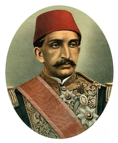Sultan Abdul-Hamid Khan wearing a Ottoman red hat and with valiant honor of badge image. Jpeg.